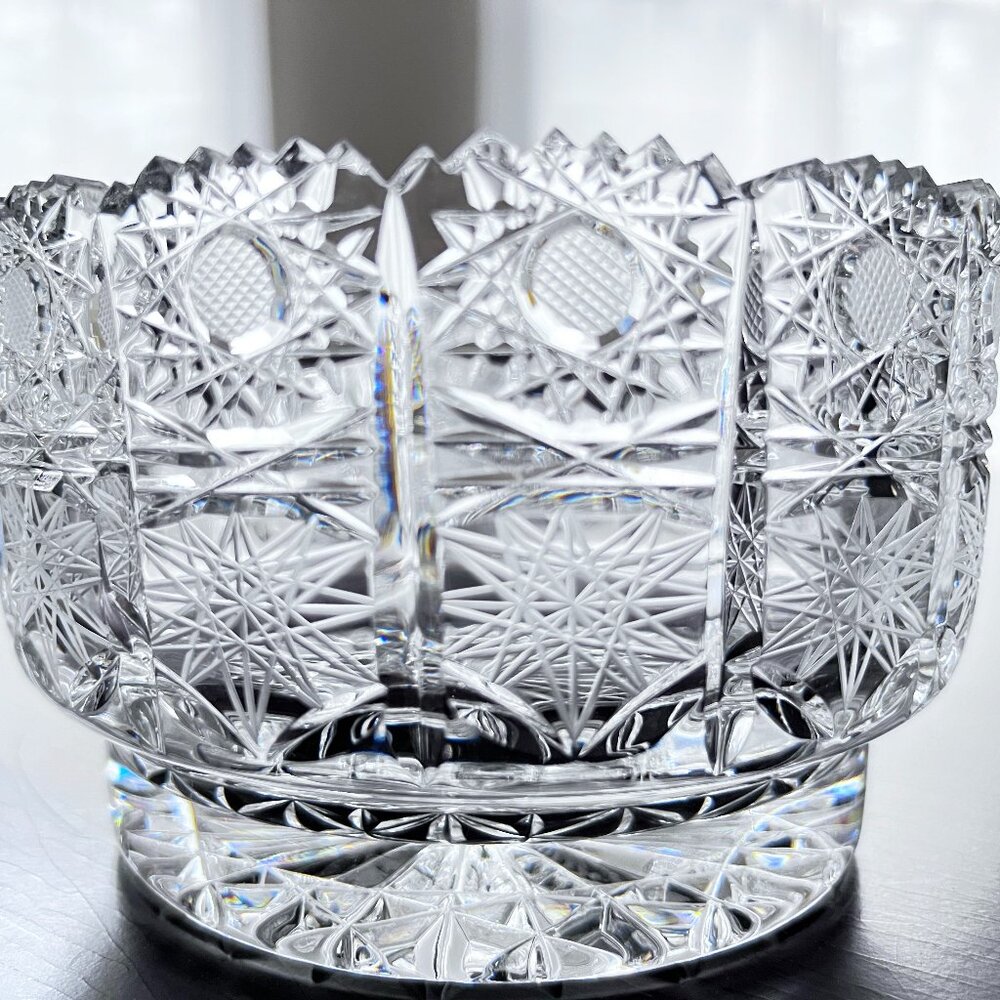 Vintage Bohemian Czech Hand Cut Queen Lace 24% Lead Crystal Glass Footed Bowl LN